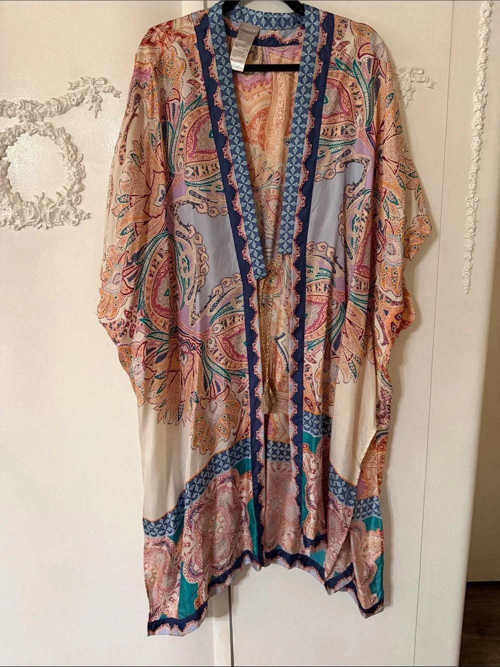 Chico's Paisley Print Lightweight Silk Wrap in Blue, Pink, Cream SZ L/XL